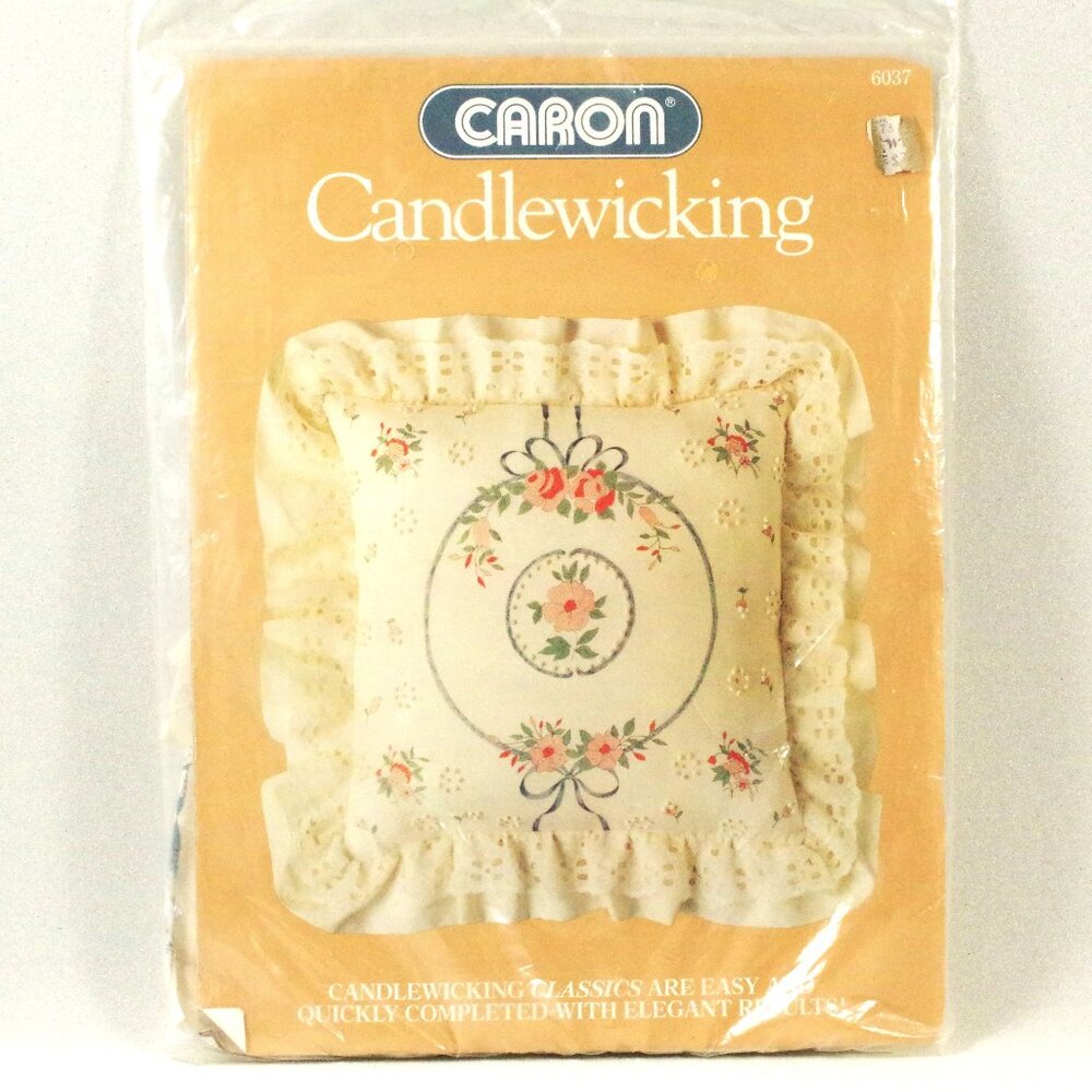 Caron Candlewicking Embroidery Kit Ruffled Pillow Cover #6037 Blue Ribbon Rose